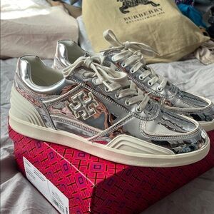 Tory Burch Metallic Silver Sneakers